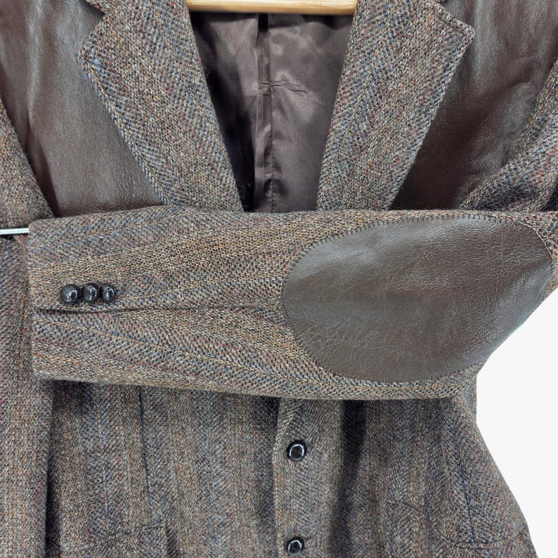 Vintage 80s Union Made Tweed & Leather Sport Coat Blazer Brown Wool USA 46R image 9