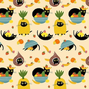 May include: A repeating pattern featuring black cats, pineapples, coconuts, bananas, oranges, and strawberries on a light beige background. The cats are depicted with round eyes and are wearing hats or resting near fruit.