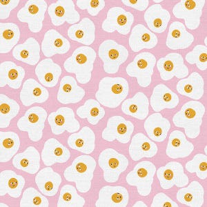 May include: A repeating pattern of cartoon fried eggs with smiling faces on a pink background. The eggs have white egg whites and yellow yolks. This design is suitable for fabric, wallpaper, or other decorative applications.