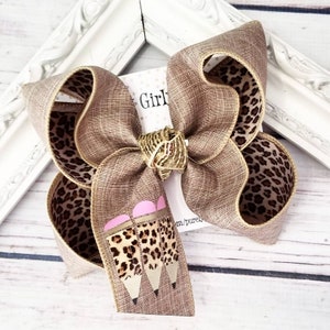 School Hairbow Back to School Bow Burlap Hairbow Cheetah Leopard Hair bow Leopard Print Pencil School hairbow Kindergarten hairbow
