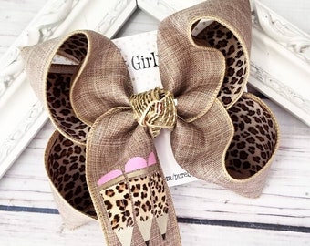 School Hairbow Back to School Bow Burlap Hairbow Cheetah Leopard Hair bow Leopard Print Pencil School hairbow Kindergarten hairbow