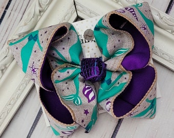 Mermaid Hairbow Beach Bow Purple Teal Hairbow Burlap Hairbow