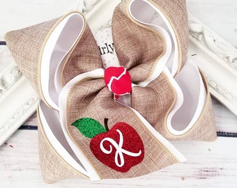 School Hairbow Back to School Apple Bow Monogram School Bows Burlap Hairbow