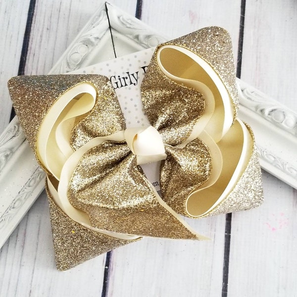 Gold Glitter Hairbow Champagne Gold  Hairbow Large With Ivory Glitter Bow Extra Large Gold Hairbow Bow