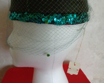 Pillbox Vintage Aqua Netted Hat With Sequined Rimming (#0643  display picture 2