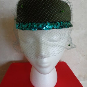 Pillbox Vintage Aqua Netted Hat with Sequined Rimming (#0643)