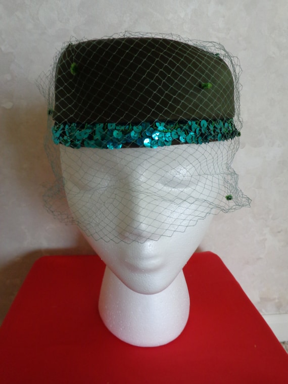 Pillbox Vintage Aqua Netted Hat With Sequined Rimming (#0643  display picture 2