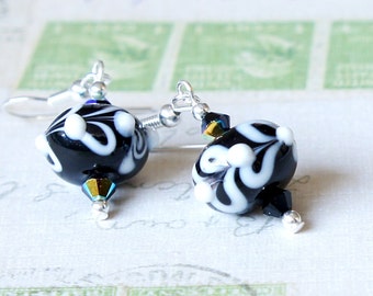 CLEARANCE Black Lampwork Earrings, Lampwork Glass Beads Earrings, Swarovski Crystals Earrings, Black Earrings, Black And White Earring