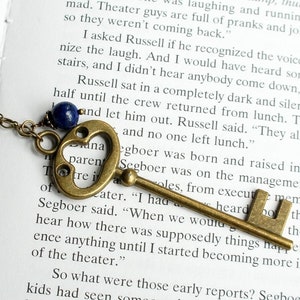 Large Bronze Key Necklace, Skeleton Key Necklace With Lapis Lazuli Bead, Antique Key Necklace, Vintage Inspired Key Necklace With Gemstone