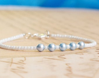 Blue Swarovski Pearls And White Seed Bead Bracelet, Beaded Stacking Bracelet, Simple Minimalist Bracelet, Delicate Layering Dainty Bracelet