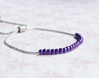 Dark Purple And Silver Adjustable Seed Bead Bracelet With Tassels, Beaded Stacking Bracelet, Boho Style Chain Bracelet With Suede Tassels