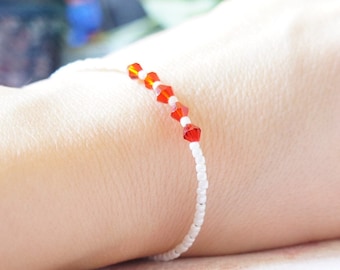 Red Crystal And White Seed Bead Bracelet, Beaded Stacking Bracelet, Layering Minimalist Bracelet, Small Beads Delicate Bracelet