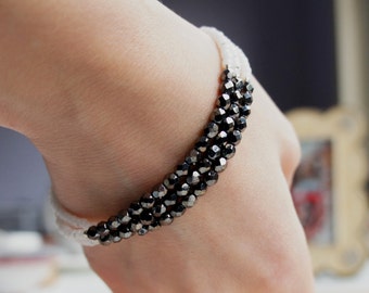 Black, White And Silver Seed Bead Bracelet, Beaded Multi Strand Bracelet, Simple Layering Bracelet, Hematite Black Czech Glass Bracelet