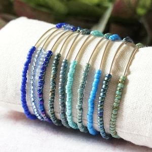 Turquoise And Blue Seed Bead Bracelet, Boho Style Beaded Stacking Bracelet, Simple Minimalist Bracelet, Sterling Silver Bar Bracelet
