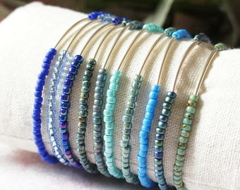 Turquoise And Blue Seed Bead Bracelet, Boho Style Beaded Stacking Bracelet, Simple Minimalist Bracelet, Sterling Silver Bar Bracelet
