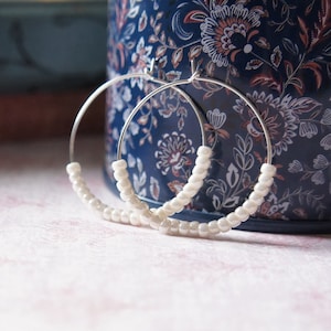 Ivory Pearl White Beaded Hoop Earrings, Boho Seed Bead Earrings, Small Hoop Earrings, Sterling Silver Minimalist Earrings, Seed Bead Jewelry