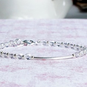 Crystal Clear Czech Glass Sterling Silver Bar Bracelet, Stacking Beaded Bracelet, Small Beads Bracelet, Minimalist Simple Layering Bracelet