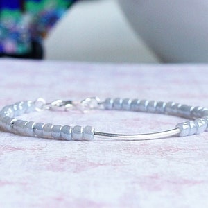 Gray Seed Bead Bracelet, Simple Minimalist Beaded Bracelet, Stacking Bracelet, Layering Delicate Bracelet, Sterling Silver Bar Bracelet