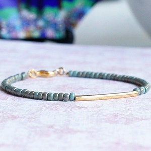 Gilded Turquoise Blue Seed Bead Bracelet, Beaded Stacking Gold Bar Bracelet, Simple Minimalist Bracelet, Delicate Layering Bracelet
