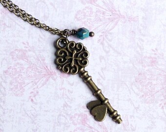 Small Bronze Skeleton Key Necklace, Antique Style Key Necklace, Vintage Inspired Key Necklace, Bronze Key With Turquoise Blue Czech Bead