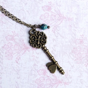 Small Bronze Skeleton Key Necklace, Antique Style Key Necklace, Vintage Inspired Key Necklace, Bronze Key With Turquoise Blue Czech Bead