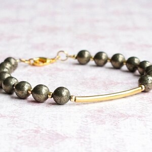 Pyrite And Gold Seed Bead Bracelet, Gemstone Beaded Bracelet With Gold Filled Bar, Stacking Minimalist Bracelet, Layering Delicate Bracelet