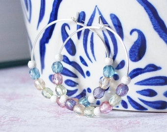 Beaded Hoop Earrings, Rainbow Mix Czech Glass Beads Earrings, Colorful Boho Earrings, Sterling Silver Minimalist Earrings, Seed Bead Jewelry