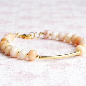 Pink Opal And Gold Seed Bead Bracelet, Gemstone Beaded Bracelet, Gold Filled Bar Stacking Bracelet, Minimalist Layering Delicate Bracelet