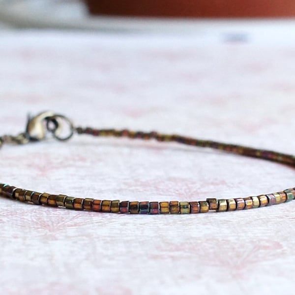 Bronze Seed Bead Bracelet, Beaded Stacking Bracelet, Simple Minimalist Bracelet, Delicate Layering Bracelet, Small Delica Beads Bracelet