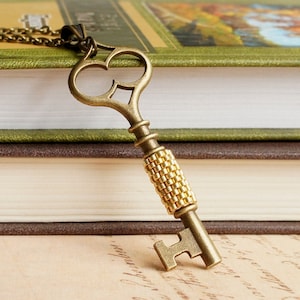 Bronze And Gold Large Skeleton Key Necklace, Antique Style Key Necklace, Gold Seed Bead Key Necklace, Skeleton Key Pendant, Rustic Key
