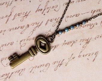 Small Bronze Key Necklace, Antique Key Style Necklace, Vintage Inspired Key Necklace, Rustic Style Key, Bronze And Turquoise Blue Necklace