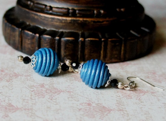 CLEARANCE Dark Blue Polymer Clay Earrings, Textured Beads Earrings
