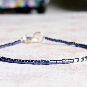 Midnight Blue And Silver Seed Bead Bracelet, Blue Bracelet Movement, Delicate Beaded Two Color Minimalist Layering Bracelet With Small Beads