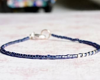 Midnight Blue And Silver Seed Bead Bracelet, Blue Bracelet Movement, Delicate Beaded Two Color Minimalist Layering Bracelet With Small Beads
