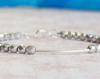 Silver Beaded Bracelet, Simple Stacking Bracelet, Silver Bar Bracelet, Czech Glass Beads Bracelet, Minimalist Bracelet, Layering Bracelet