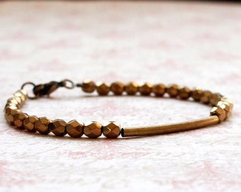 Bronze Glass Beaded Bracelet, Bronze Bar Stacking Bracelet, Minimalist Layering Bracelet, Czech Glass Bracelet, Simple Small Beads Bracelet