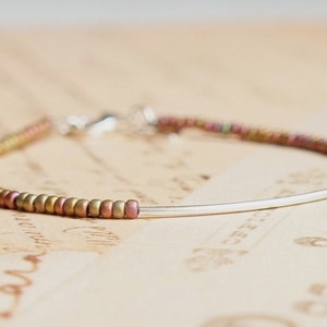 Olive/Raspberry Seed Bead Bracelet, Sterling Silver Bar Bracelet, Beaded Stacking Bracelet, Simple Minimalist Bracelet, Delicate Bracelet