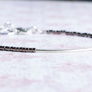 Dark Nickel Silver Seed Bead Bracelet, Simple Layering Bracelet, Beaded Stacking Bracelet, Delicate Minimalist Bracelet, Silver Bar Bracelet