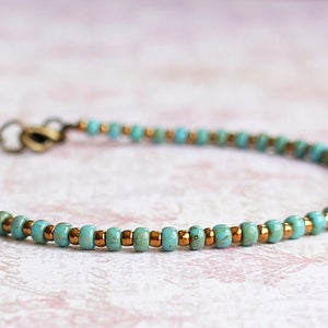 Turquoise Blue And Bronze Seed Bead Bracelet, Beaded Stacking Bracelet, Small Beads Bracelet, Simple Minimalist Bracelet, Delicate Bracelet