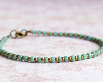 Turquoise Blue And Bronze Seed Bead Bracelet, Beaded Stacking Bracelet, Small Beads Bracelet, Simple Minimalist Bracelet, Delicate Bracelet