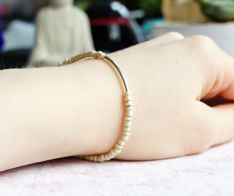 Matte Silver Seed Bead Bracelet Simple Minimalist Bracelet Sterling Silver Bar Bracelet Delicate Bracelet Beaded Stacking Bracelet