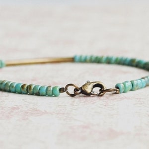 Turquoise Blue Seed Bead Bracelet, Minimalist Simple Bracelet, Boho Style Bracelet, Stacking Beaded Bracelet, Bronze Bar Bracelet, Layering image 2