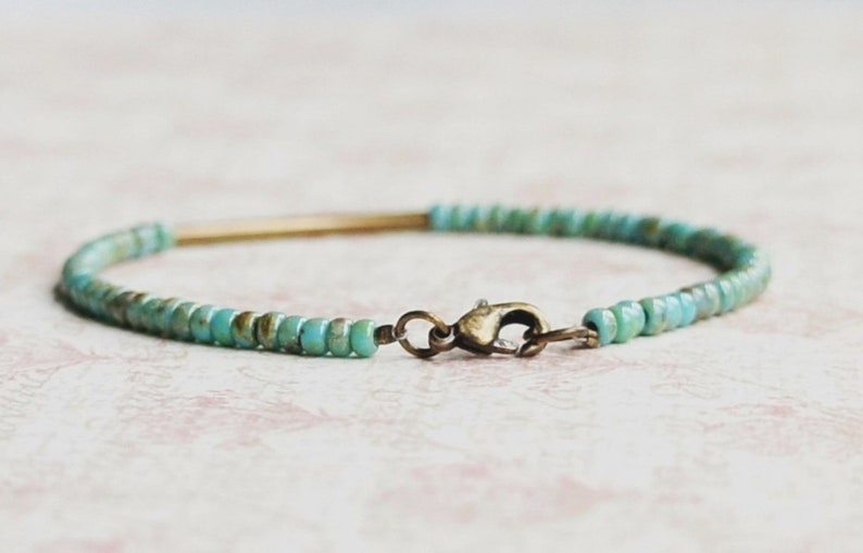 Turquoise Blue Seed Bead Bracelet, Minimalist Simple Bracelet, Boho Style Bracelet, Stacking Beaded Bracelet, Bronze Bar Bracelet, Layering image 2