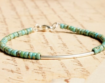 Turquoise Blue Seed Bead Bracelet, Beaded Stacking Bracelet, Simple Minimalist Bracelet, Sterling Silver Bar Bracelet, Dainty Bracelet