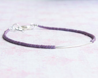 Plum Purple Seed Bead Bracelet, Beaded Stacking Bracelet, Dainty Minimalist Bracelet, Simple Layering Sterling Silver Bar Bracelet