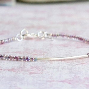 Purple Seed Bead Bracelet, Stacking Beaded Bracelet, Simple Minimalist Small Beads Bracelet, Layering Delicate Bracelet, Silver Bar Bracelet