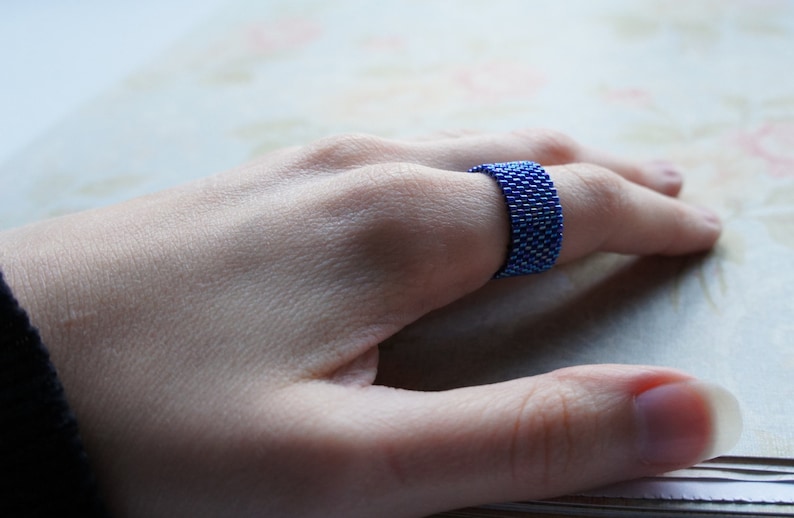 Cobalt Blue Seed Bead Ring, Beaded Flexible Ring, Bead Woven Peyote ...