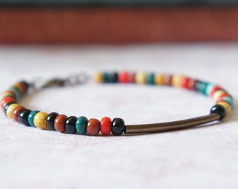 Pulsera de cuentas multicolores, pulsera de cuentas apilables, pulsera minimalista sencilla, pulsera de cuentas en capas, pulsera de barra de bronce