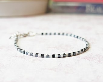 Black And White Seed Bead Bracelet, Stacking Beaded Bracelet, Cube Beads Bracelet, Dainty Layering Bracelet, Simple Minimalist Bracelet