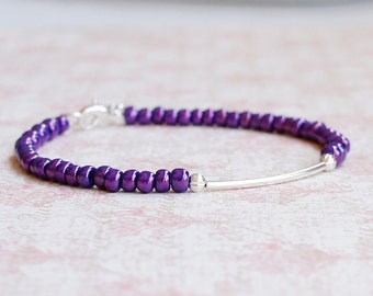 Dark Purple Seed Bead Bracelet, Beaded Stacking Bracelet, Sterling Silver Bar Bracelet, Simple Minimalist Bracelet, Layering Dainty Bracelet